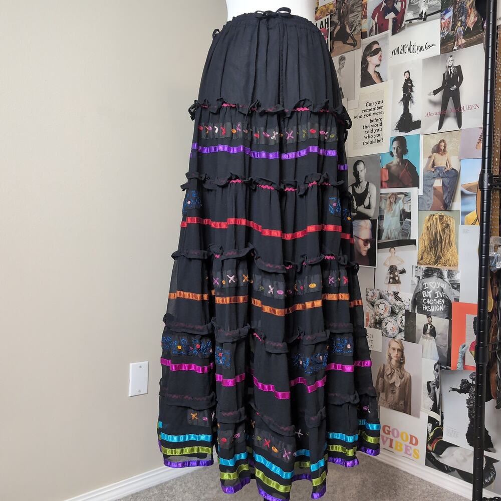 Tiered Ribbon Accent Maxi Boho Skirt